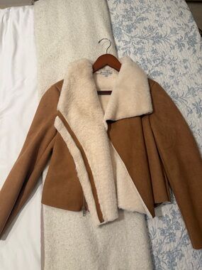 Tan Teddy-Lined Moto Jacket with Cream Shearling Collar